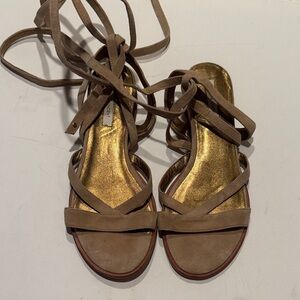 Cynthia Vincent Ankle Wrap Sandals - Brown with Gold Footbed